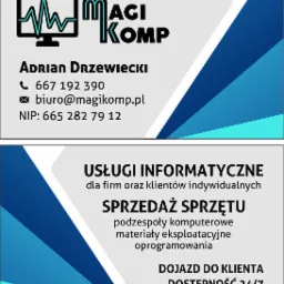Wizytówka firmy Magi Komp, oferującej usługi informatyczne i sprzedaż sprzętu, z dojazdem do klienta i dostępnością 24/7. Na wizytówce widnieje logo firmy, dane kontaktowe oraz NIP.
