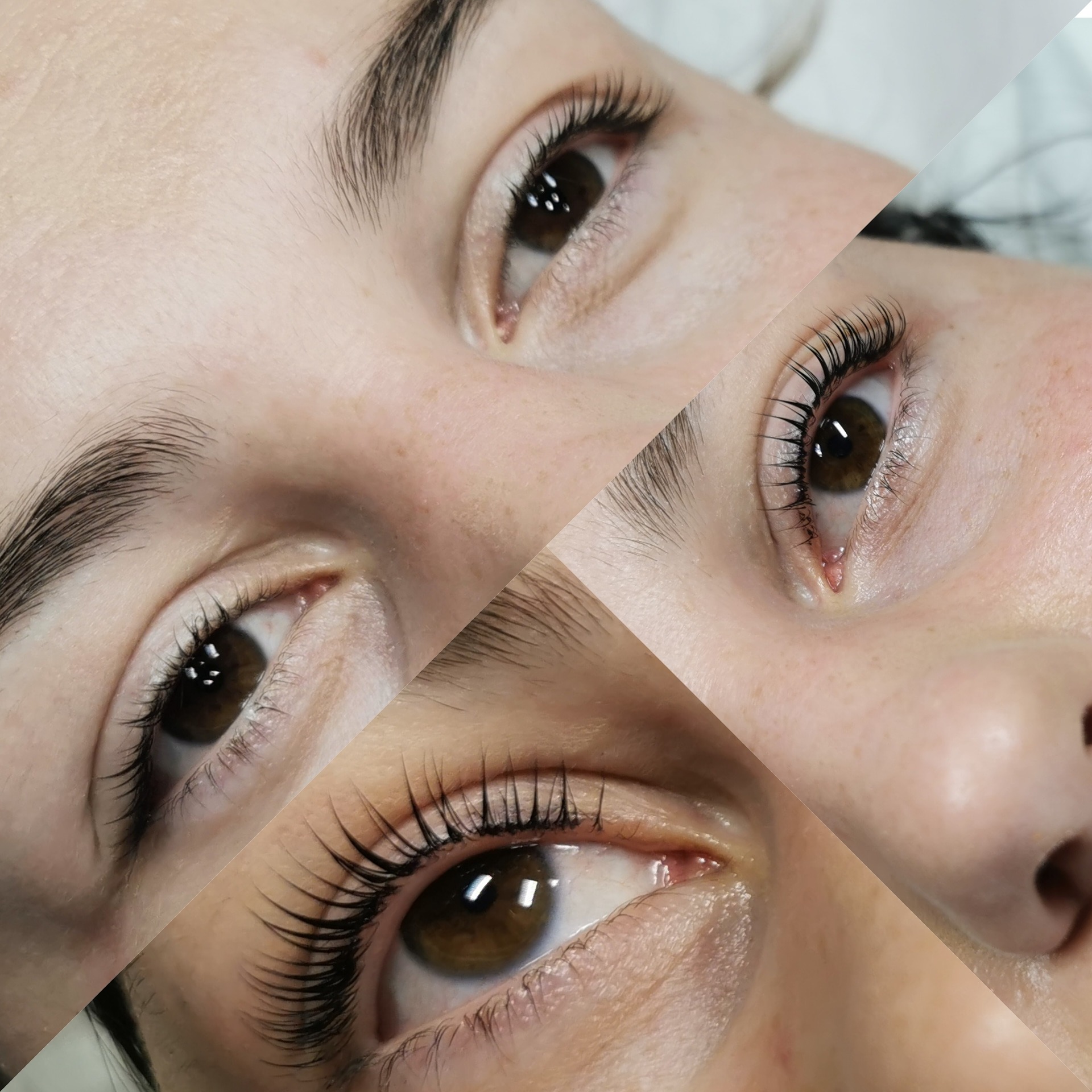 Zbliżenie na oczy po zabiegu przedłużania rzęs w salonie w Blizanowie, prezentujące efekt zagęszczenia i wydłużenia włosków, widoczne trzy różne ujęcia oka.