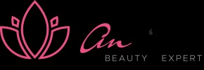 Logo salonu kosmetycznego z różowym kwiatem lotosu i napisem 'An Beauty Expert' na czarnym tle.