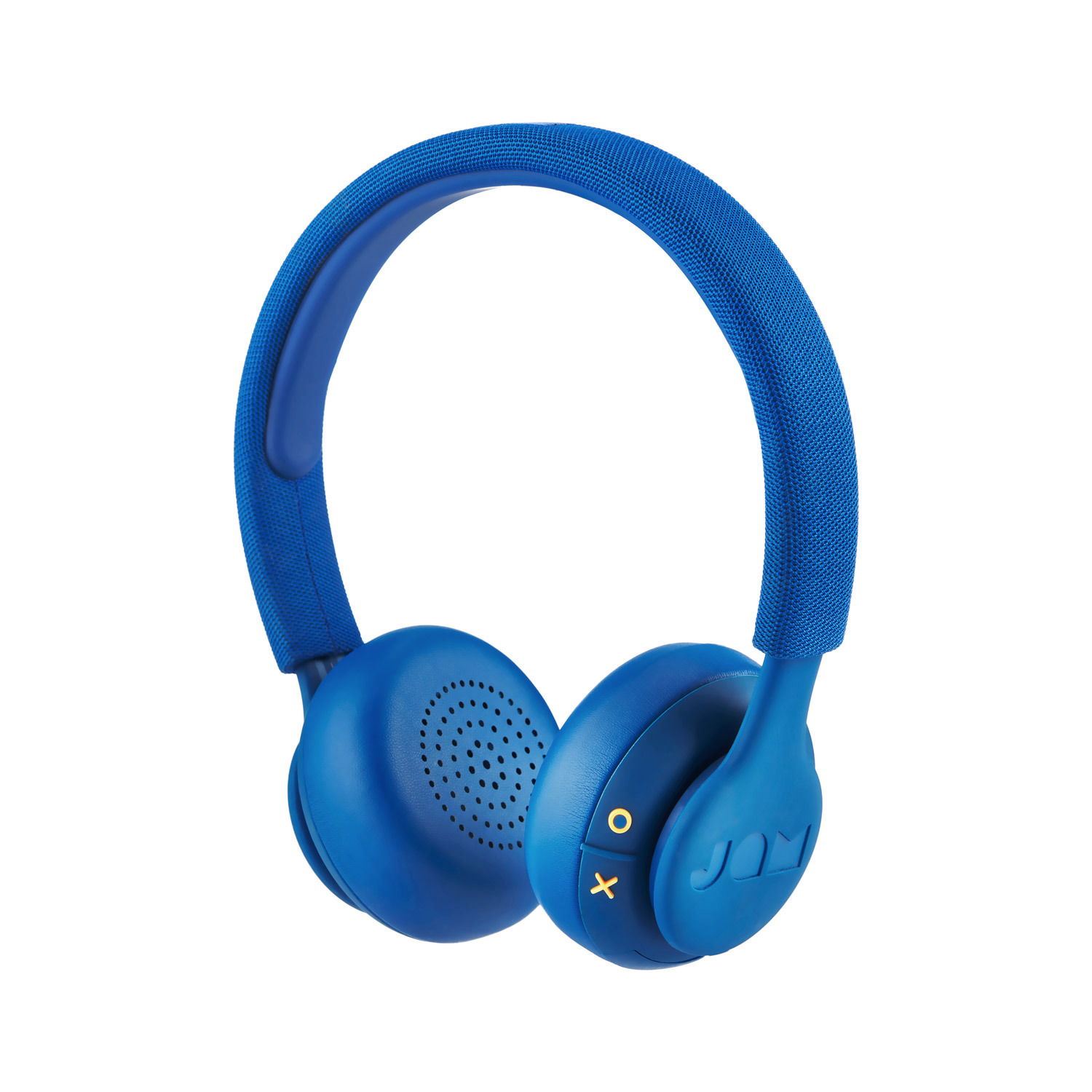 Niebieskie słuchawki na białym tle, z teksturowanym pałąkiem i subtelnym logo, prezentowane przez firmę z Gliwic.