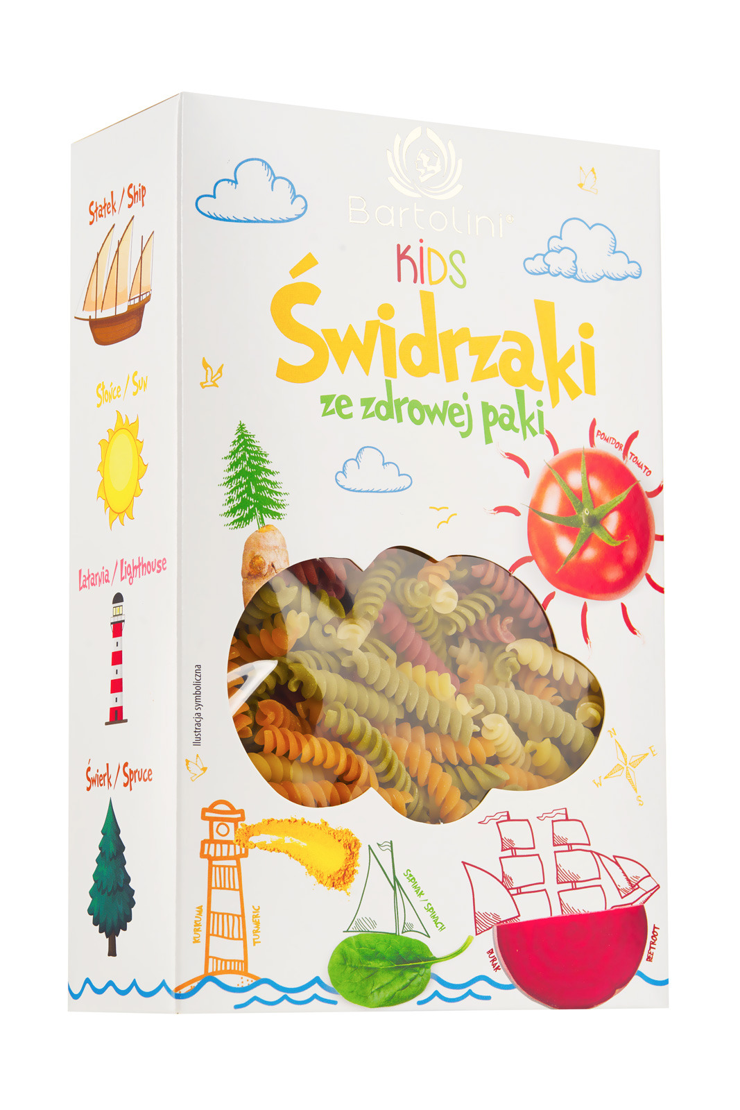 Pudełko makaronu świderki dla dzieci marki Bartolini z ilustracjami statku, słońca, latarni morskiej, świerku, kurkumy, szpinaku, buraka i pomidora.