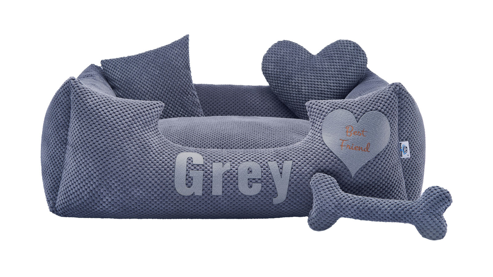 Szare, pluszowe legowisko dla psa z poduszkami w kształcie serca i kości, z napisem 'Grey' na boku i napisem 'Best Friend' na sercu.