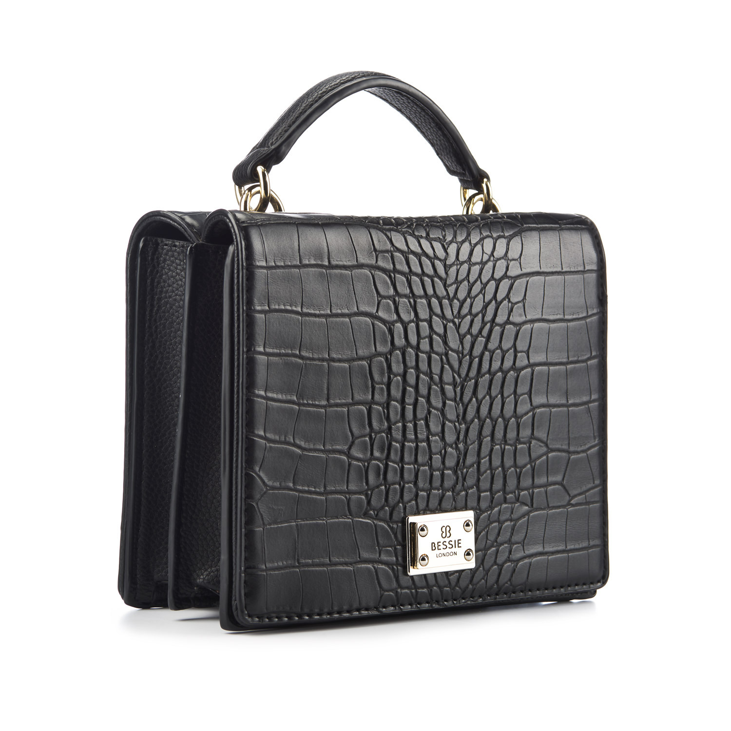 Czarna, skórzana torebka Bessie London z wytłoczonym wzorem skóry krokodyla, na białym tle.
