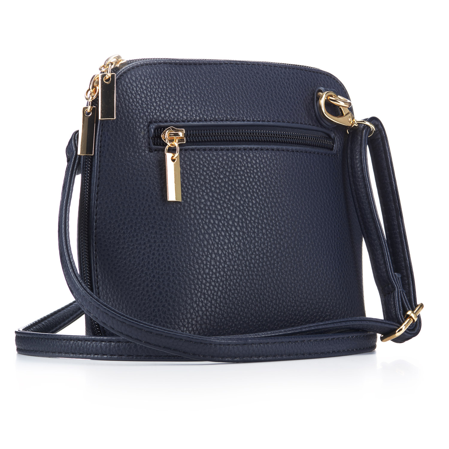Granatowa torebka damska ze złotymi detalami, skórzana faktura, widoczny zamek błyskawiczny i pasek na ramię, leżąca na białym tle.