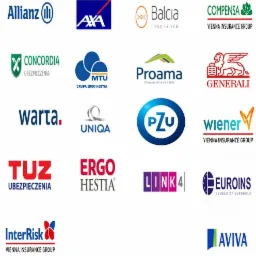 Kolekcja logo różnych firm ubezpieczeniowych, w tym Allianz, AXA, Balcia, Compensa, Concordia, MTU, Proama, Generali, Warta, Uniqa, PZU, Wiener, TUZ, Ergo Hestia, Link4, Euroins, InterRisk i Aviva.