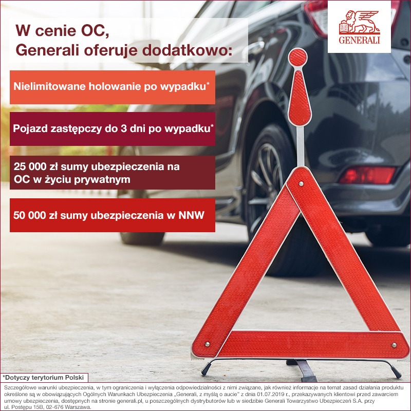 Czerwony trójkąt ostrzegawczy na drodze przed samochodem, oferta ubezpieczenia OC Generali w tle.