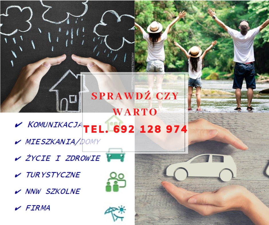 Kompozycja graficzna z elementami symbolizującymi różne aspekty życia chronione rękami: dom pod deszczem, rodzina na wakacjach, samochód, tekst 'Sprawdź czy warto' i numer telefonu.