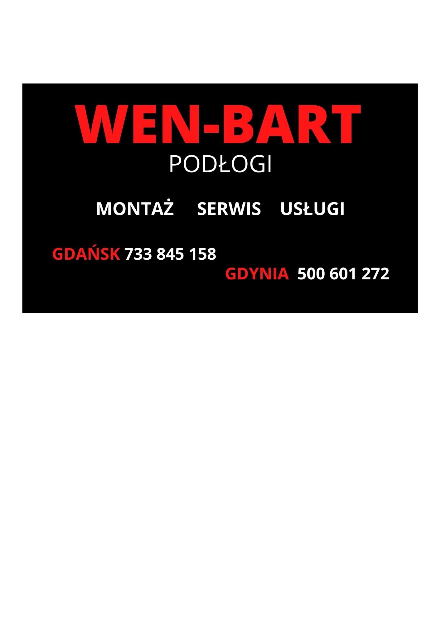 Grafika reklamowa firmy Wen-Bart Podłogi oferującej montaż, serwis i usługi w Gdańsku i Gdyni wraz z numerami telefonów.