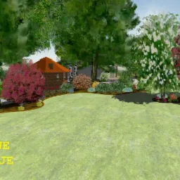 Wizualizacja ogrodu w stylu leśnym z domkiem narzędziowym, różnorodną roślinnością, w tym drzewami o czerwonych liściach i kwitnącymi krzewami, na tle zielonego trawnika.