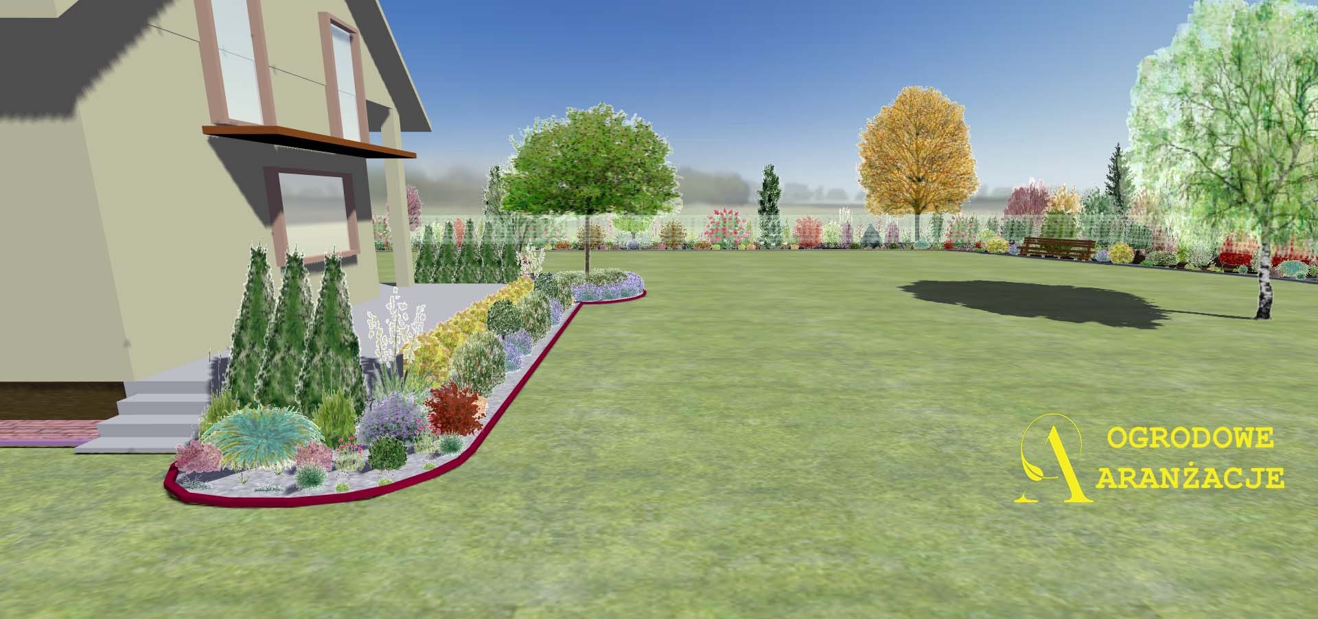 Wizualizacja ogrodu z domem, ukazująca rabaty kwiatowe, trawnik i drzewa w różnych kolorach, z ławką w tle.