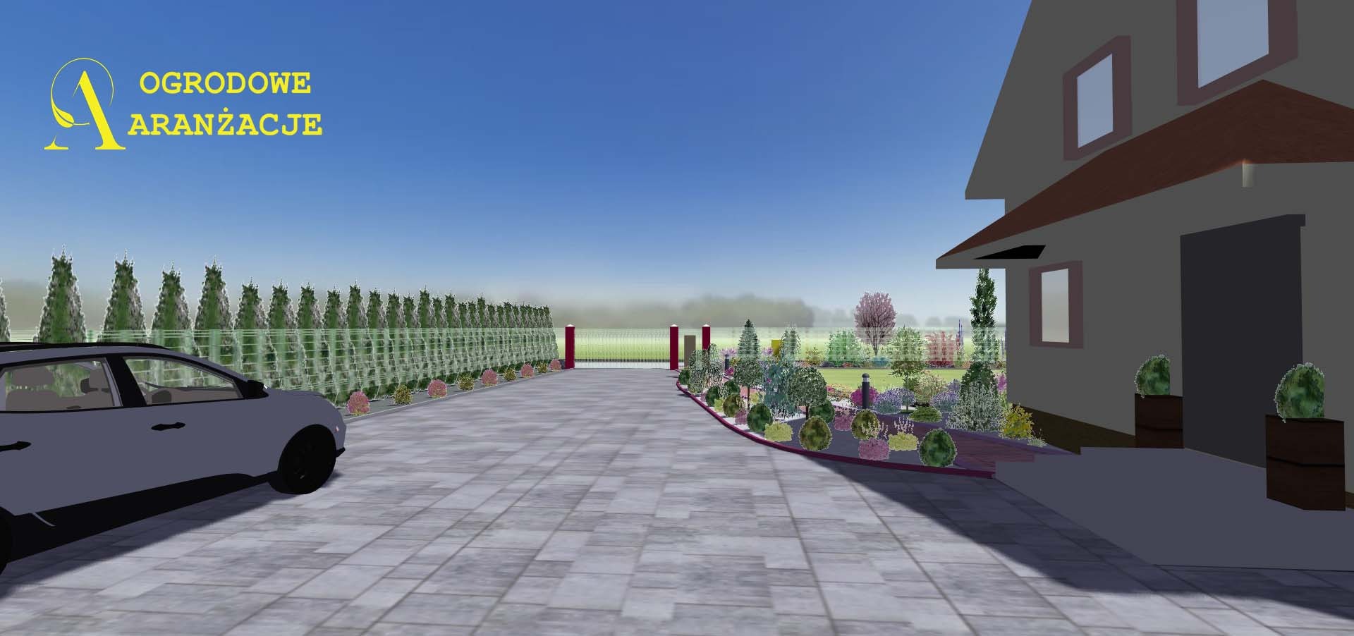 Wizualizacja ogrodu z podjazdem wyłożonym kostką, żywopłotem z tuj, rabatami kwiatowymi i domem w tle.