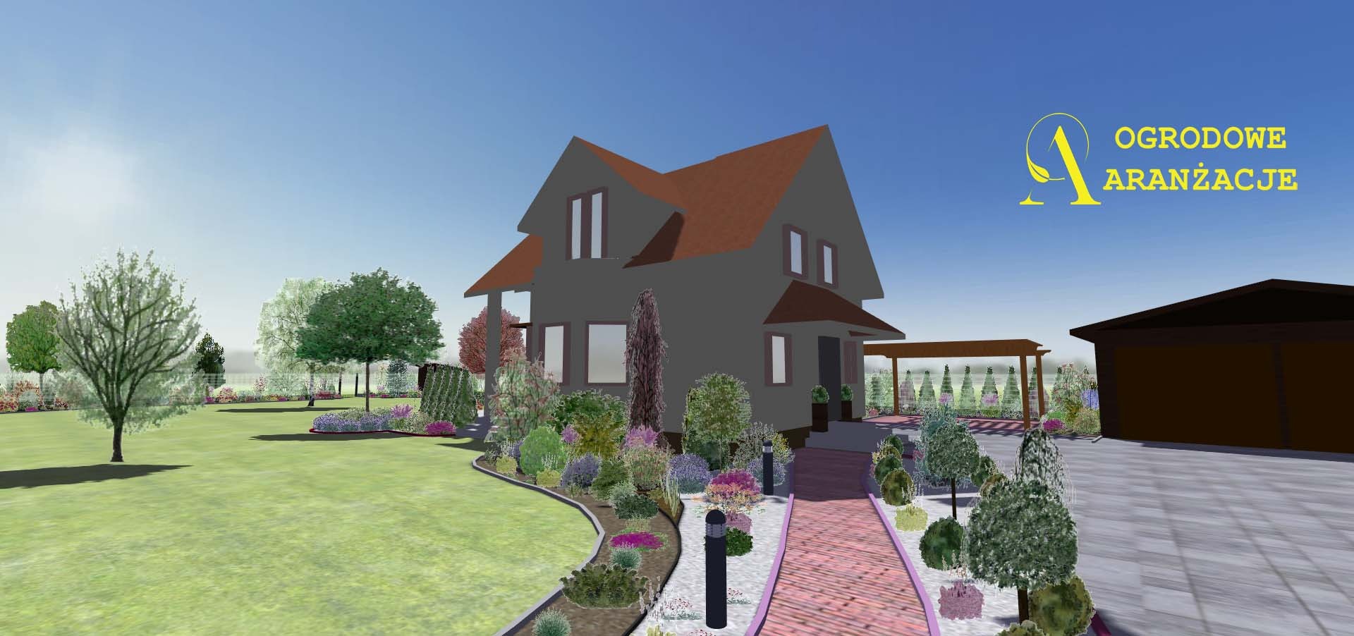 Wizualizacja ogrodu z domem jednorodzinnym, trawnikiem, ścieżką z kostki, rabatami kwiatowymi i drzewami, widoczny garaż i pergola, w prawym górnym rogu logo firmy.