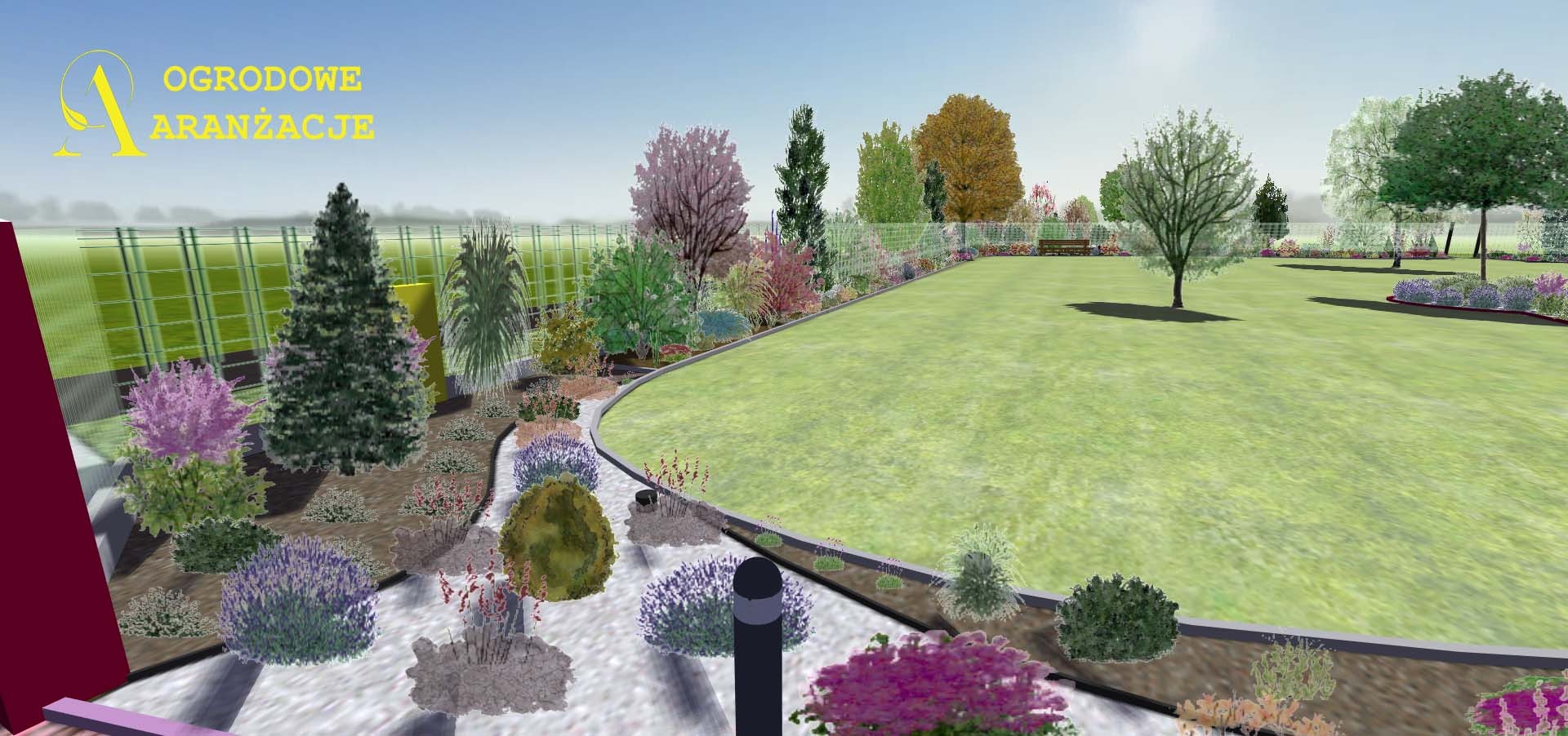 Wizualizacja ogrodu z równym trawnikiem, ścieżką z kamieni i różnorodną roślinnością, w tle ogrodzenie i drzewa, na pierwszym planie logo firmy 'Ogródkowe Aranżacje'.