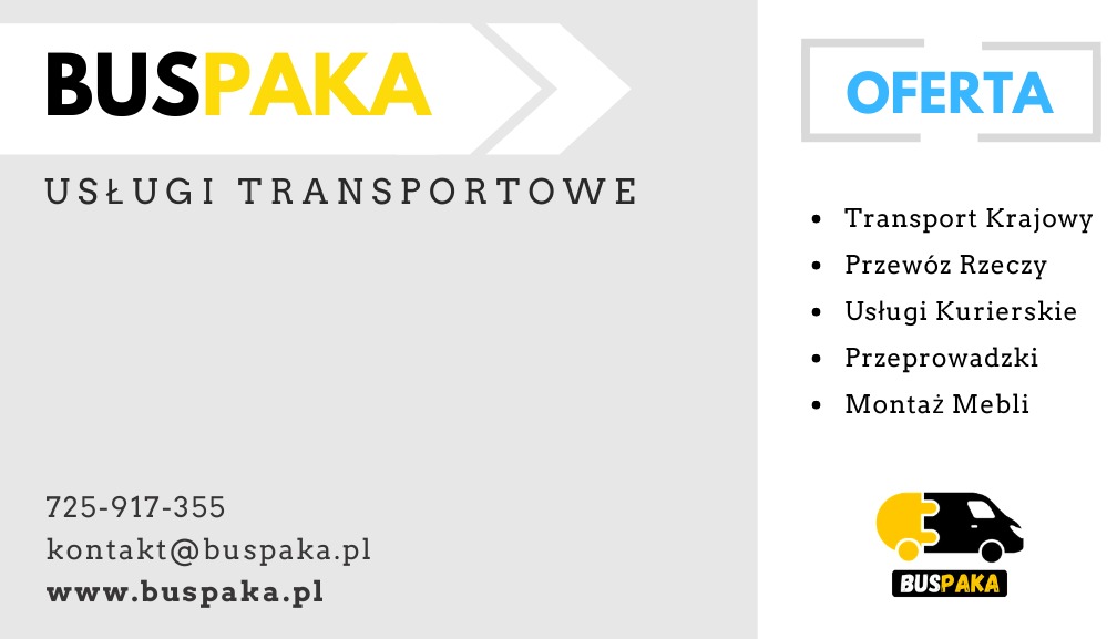 Grafika reklamowa firmy transportowej Buspaka z ofertą transportu krajowego, przeprowadzek i montażu mebli, z logo firmy w kolorze żółto-czarnym.