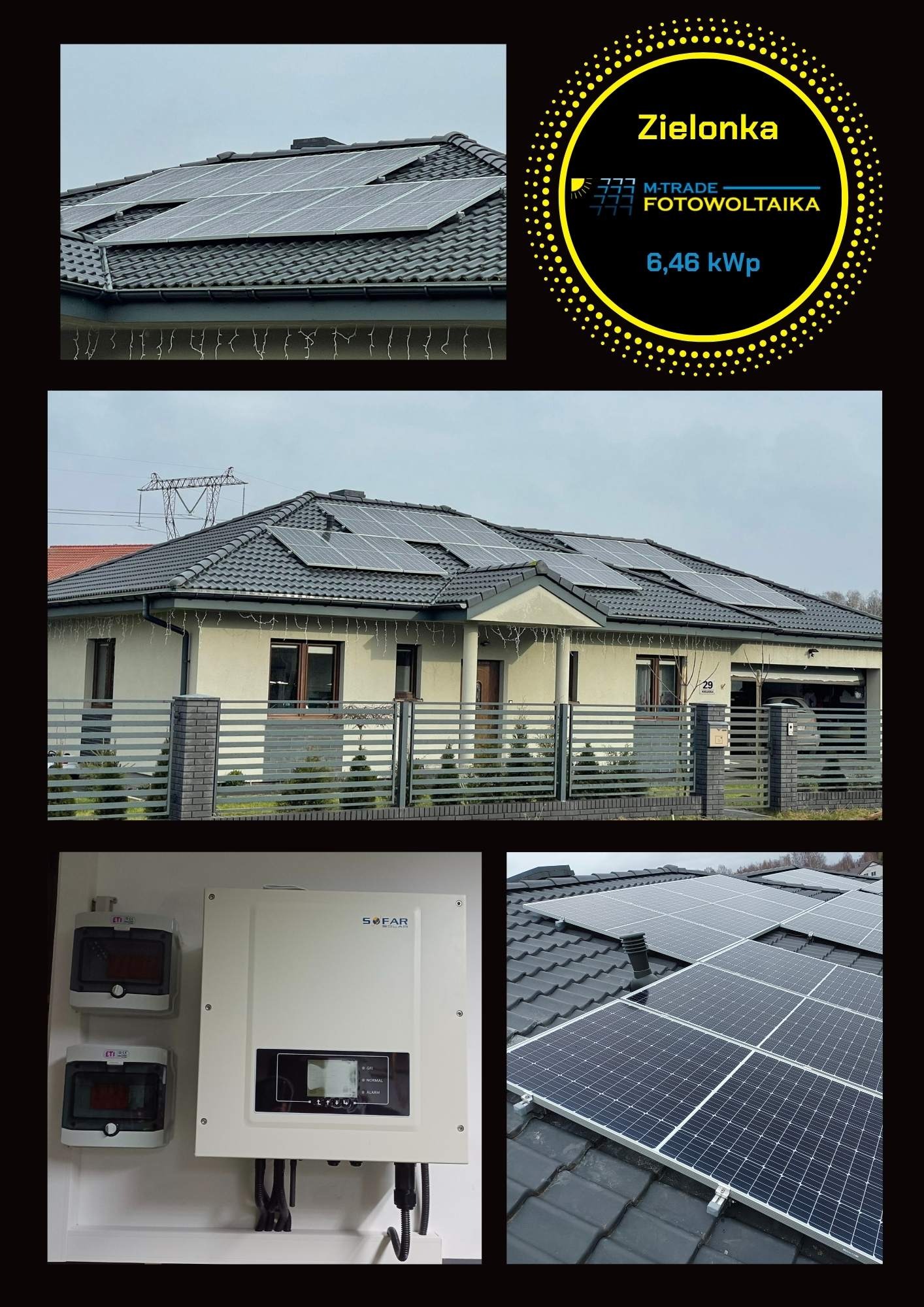 Kompozycja zdjęć: panele słoneczne na dachu domu jednorodzinnego z szarą dachówką, falownik SOFAR z zabezpieczeniami wewnątrz budynku oraz logo firmy M-TRADE Fotowoltaika z informacją o mocy 6,46 kWp.