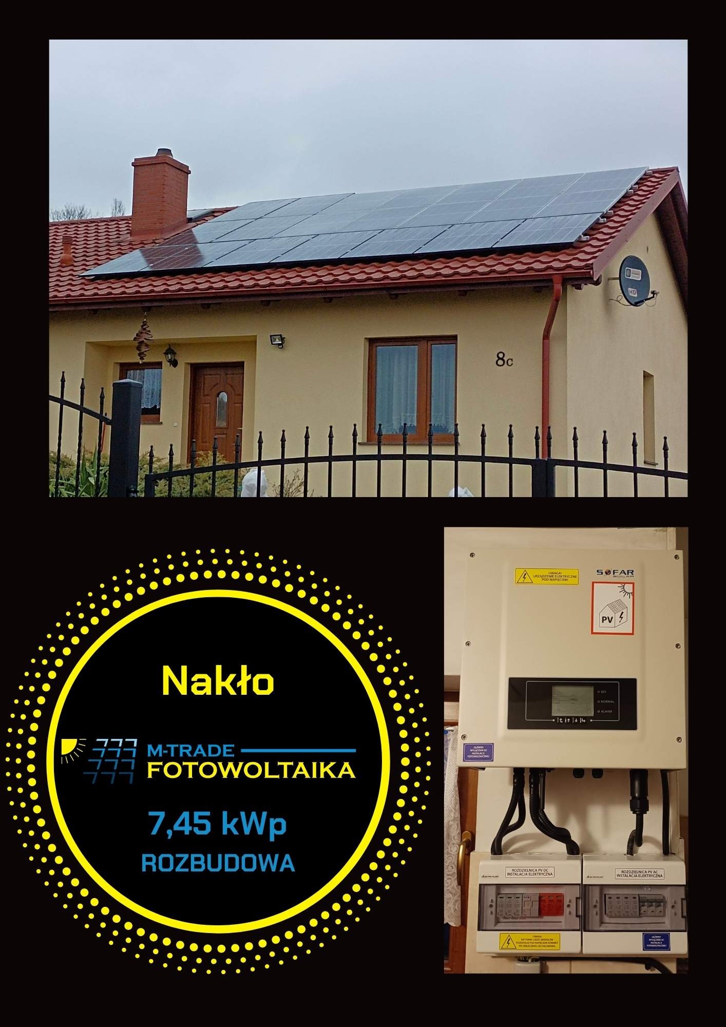 Dom jednorodzinny z zamontowaną instalacją fotowoltaiczną na dachu, widoczny również falownik firmy SOFAR oraz rozdzielnice PV DC. Na pierwszym planie logo firmy M-Trade Fotowoltaika z informacją...
