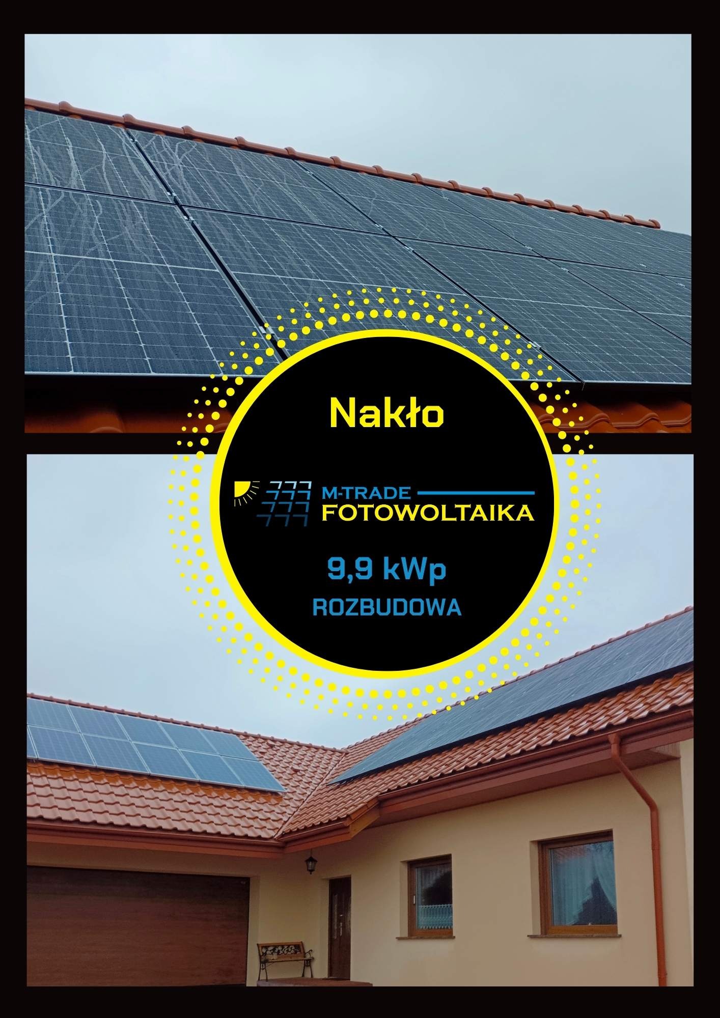 Instalacja paneli słonecznych na dachu domu jednorodzinnego z czerwonej dachówki, widoczne ślady po deszczu na panelach, logo firmy w żółto-czarnej grafice wkomponowane w zdjęcie.