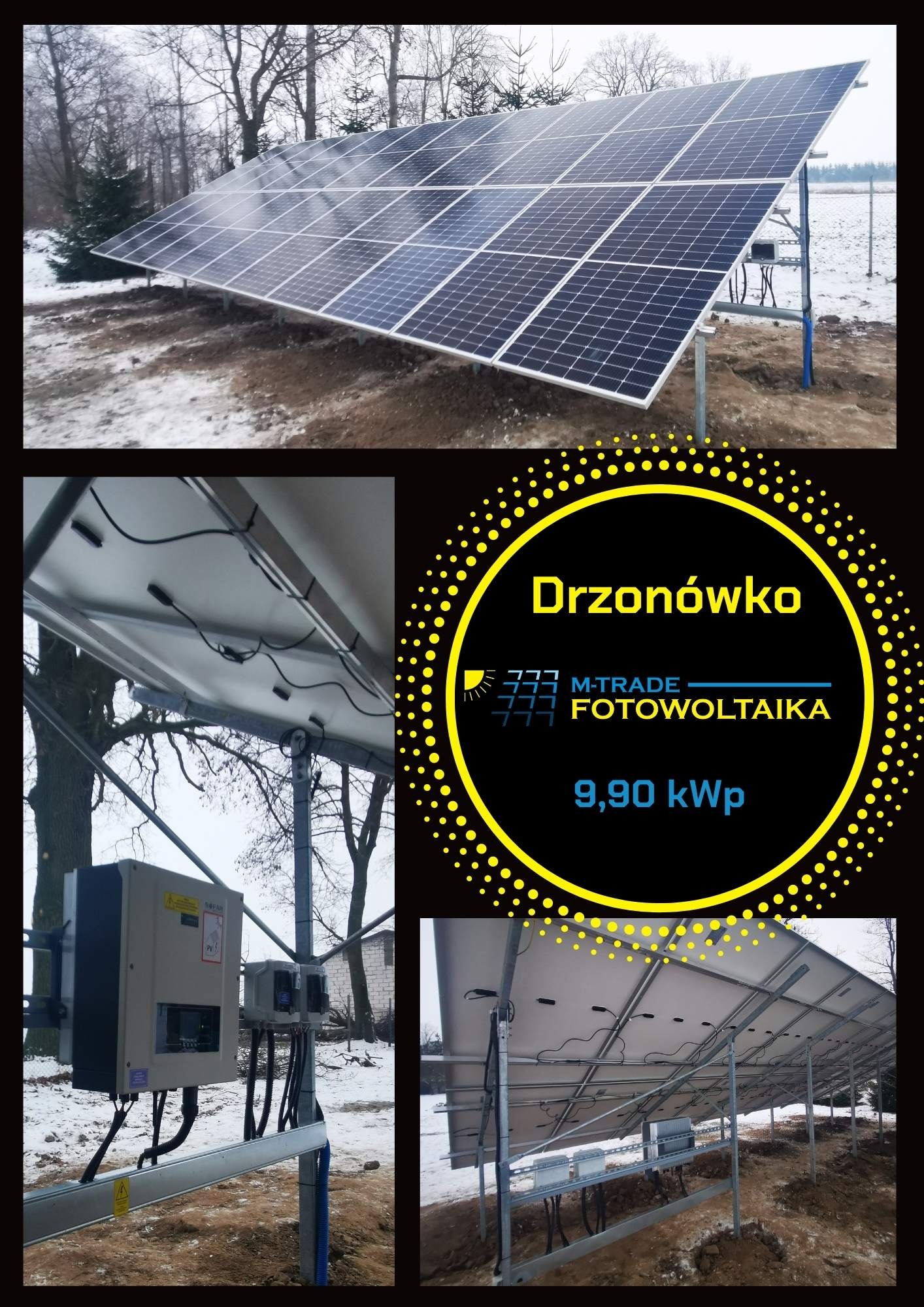 Instalacja paneli słonecznych na metalowej konstrukcji w zimowym krajobrazie, widok z przodu i od spodu, z logo firmy i parametrami instalacji na czarnym tle.