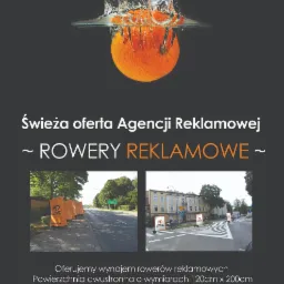 Pomarańcza zanurzona w wodzie z efektem rozprysku, poniżej tekst o ofercie rowerów reklamowych i zdjęcia rowerów z reklamami w przestrzeni miejskiej.