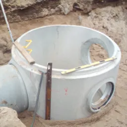 Betonowa studzienka kanalizacyjna z bocznymi otworami, częściowo zagłębiona w wykopie ziemnym, z poziomicą i łatą mierniczą, widoczne narzędzia w tle.