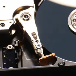 Wnętrze dysku twardego z widoczną głowicą odczytującą i talerzem w tle, oświetlone z góry.