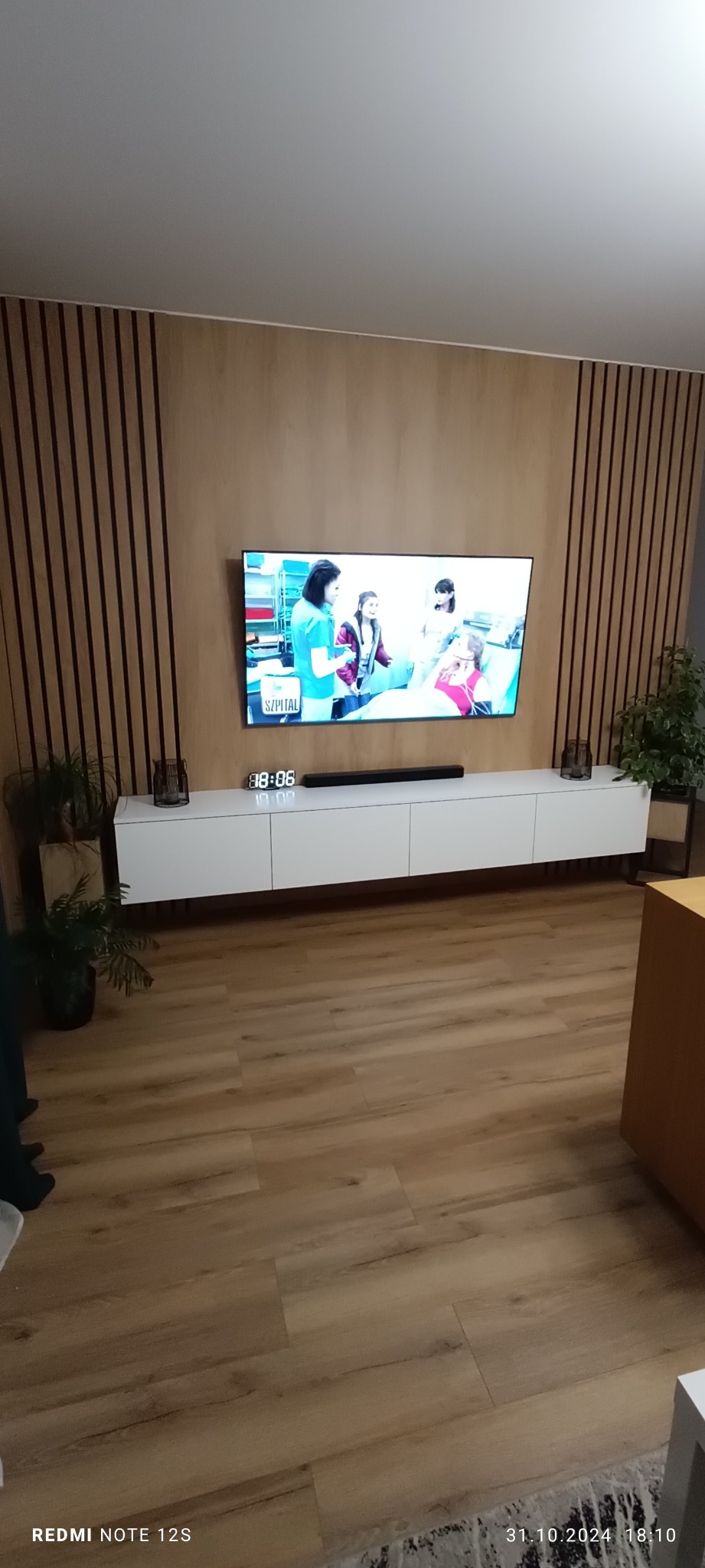 Nowoczesny salon z drewnianą ścianą z lamelami. Biała szafka RTV pod telewizorem, rośliny doniczkowe po bokach. Drewniana podłoga.