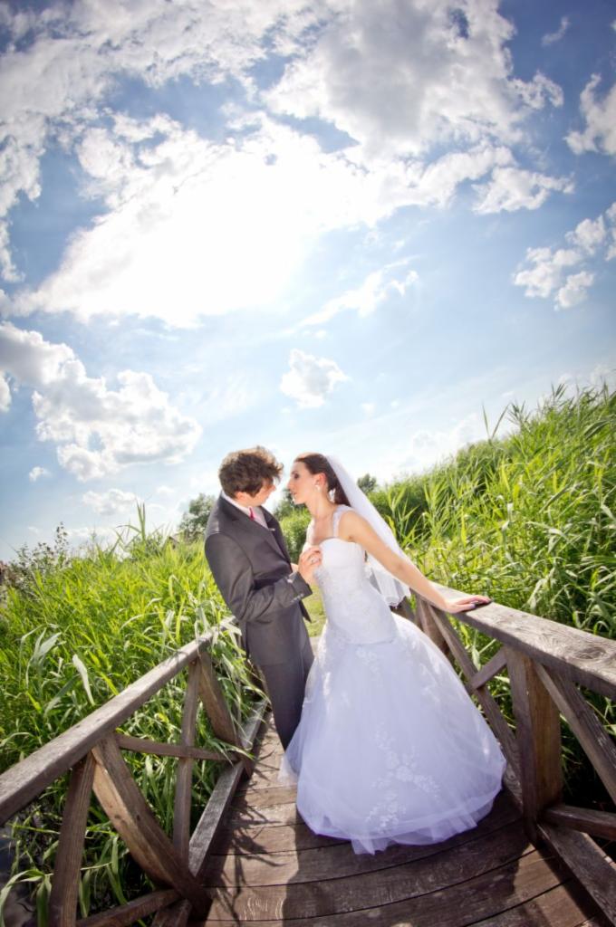 Para młoda na drewnianym mostku, panna młoda w białej sukni z welonem, pan młody w szarym garniturze, wysoka trawa w tle, błękitne niebo z chmurami, ujęcie z dołu.