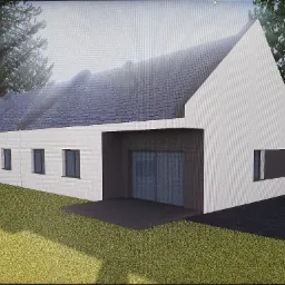 Wizualizacja 3D nowoczesnego domu jednorodzinnego z białymi ścianami, ciemnoszarą stolarką okienną i dachem, otoczonego zielonym trawnikiem i drzewami.