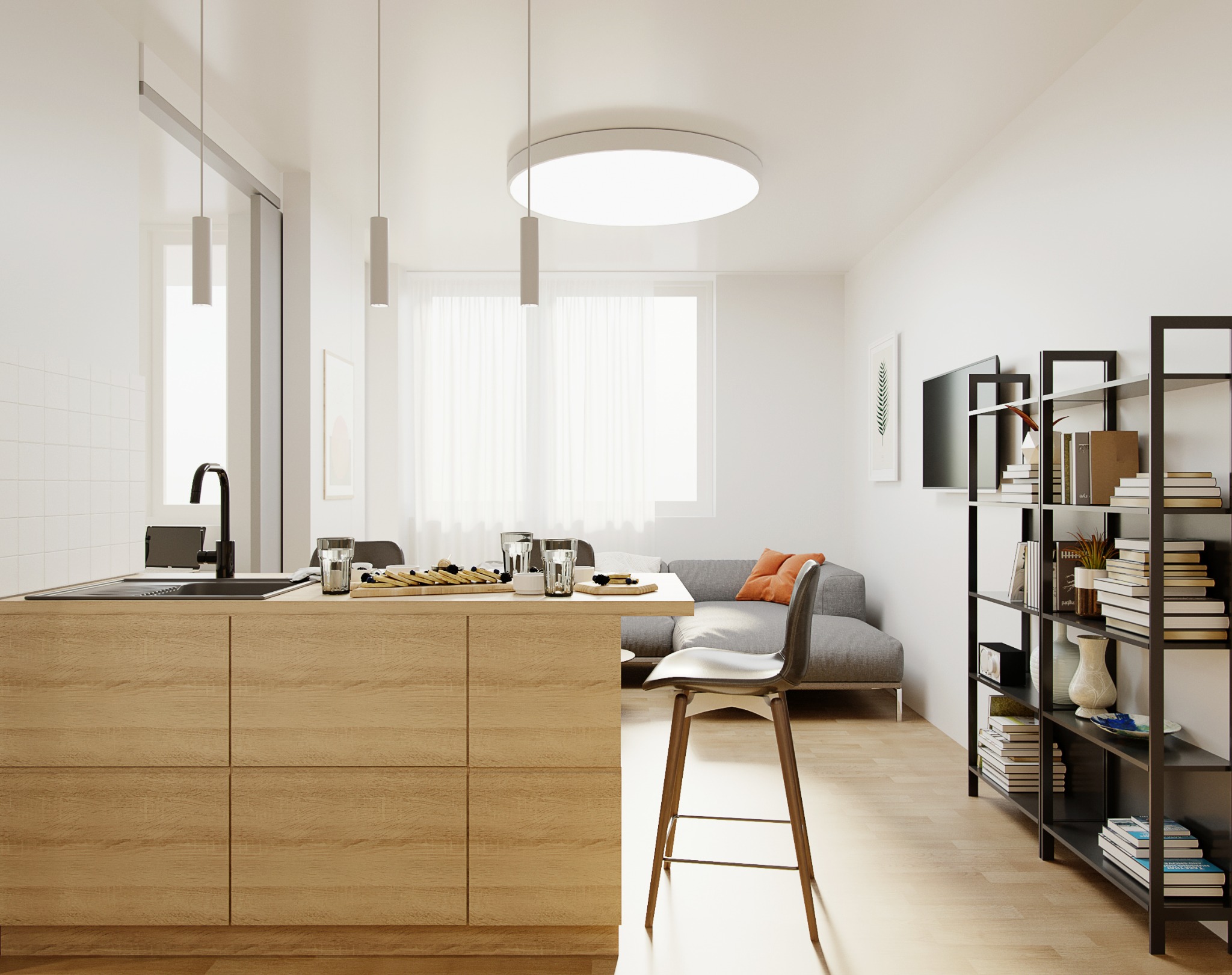Projekt wnętrz mieszkania na Targówku w Warszawie, salon z kuchnią