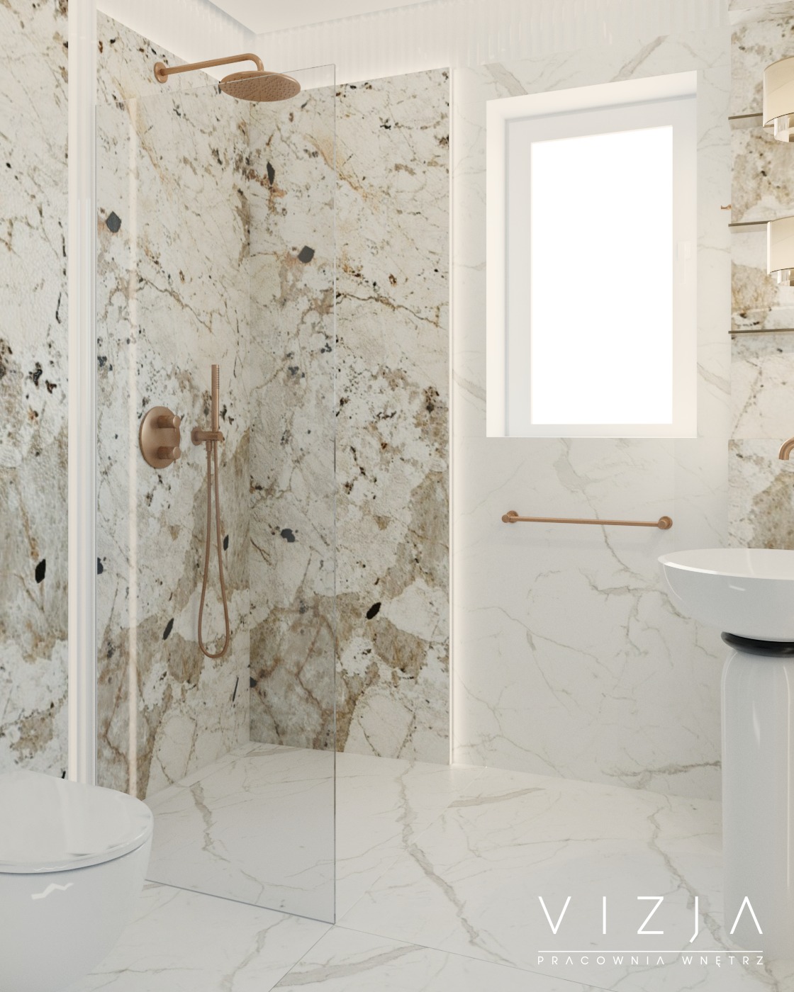 Nowoczesna łazienka z kabiną prysznicową typu walk-in, wykończona marmurem w odcieniach bieli i beżu, z armaturą w kolorze miedzianym i okrągłą umywalką na postumencie.