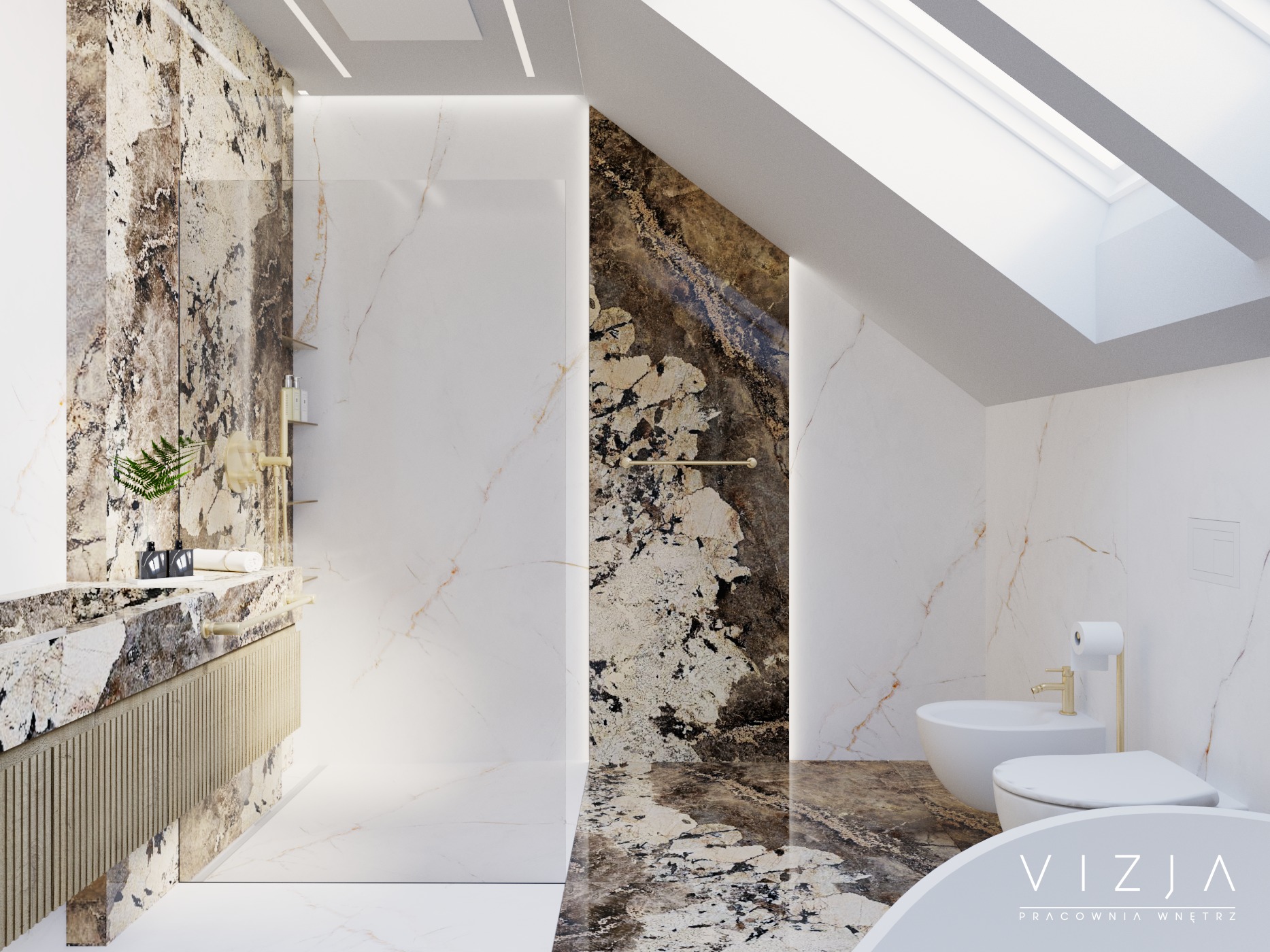 Elegancka łazienka w odcieniach bieli i brązu, z marmurowymi ścianami i podłogą, oświetlona światłem dziennym wpadającym przez okno dachowe, z widoczną umywalką z szafką, toaletą i bidetem...