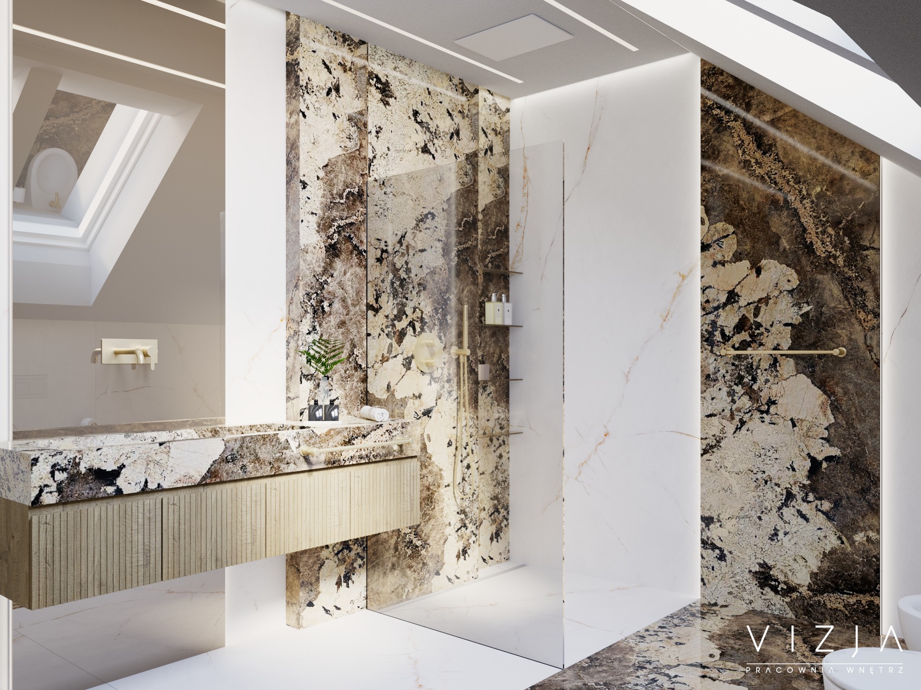 Elegancka łazienka z marmurowymi ścianami i blatem, kabina prysznicowa ze szklaną ścianą, oświetlenie sufitowe i okno dachowe w nowoczesnym stylu.