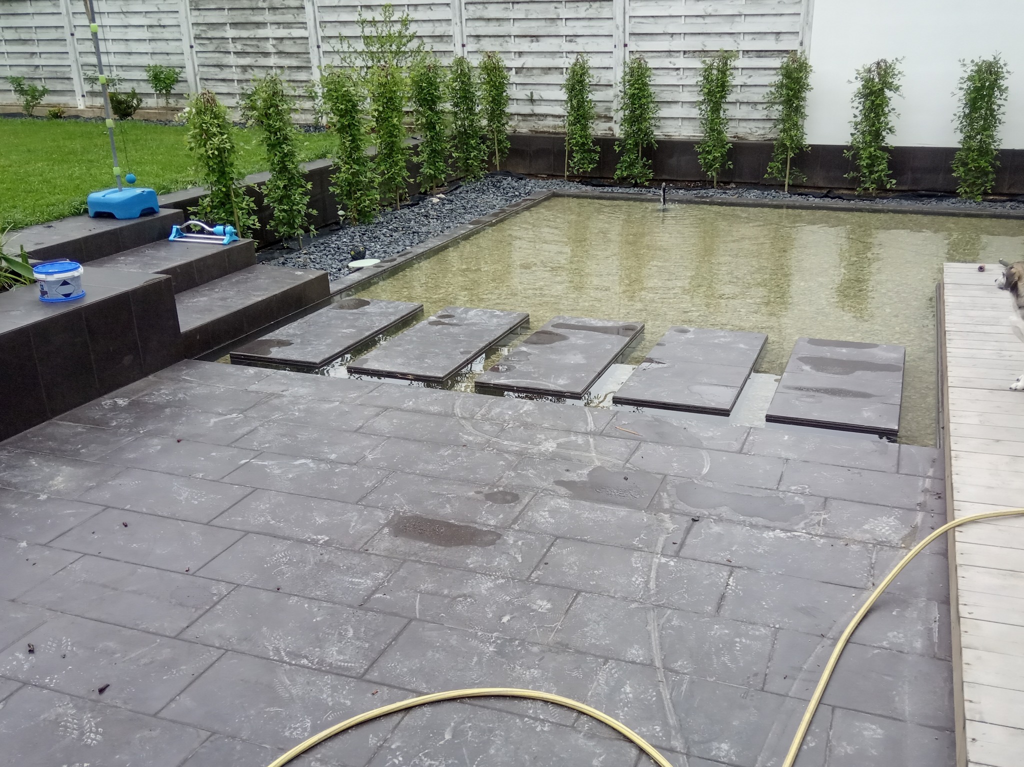 Ułożona z ciemnych płyt ścieżka nad płytkim zbiornikiem wodnym w ogrodzie, obok drewniany taras i białe ogrodzenie.