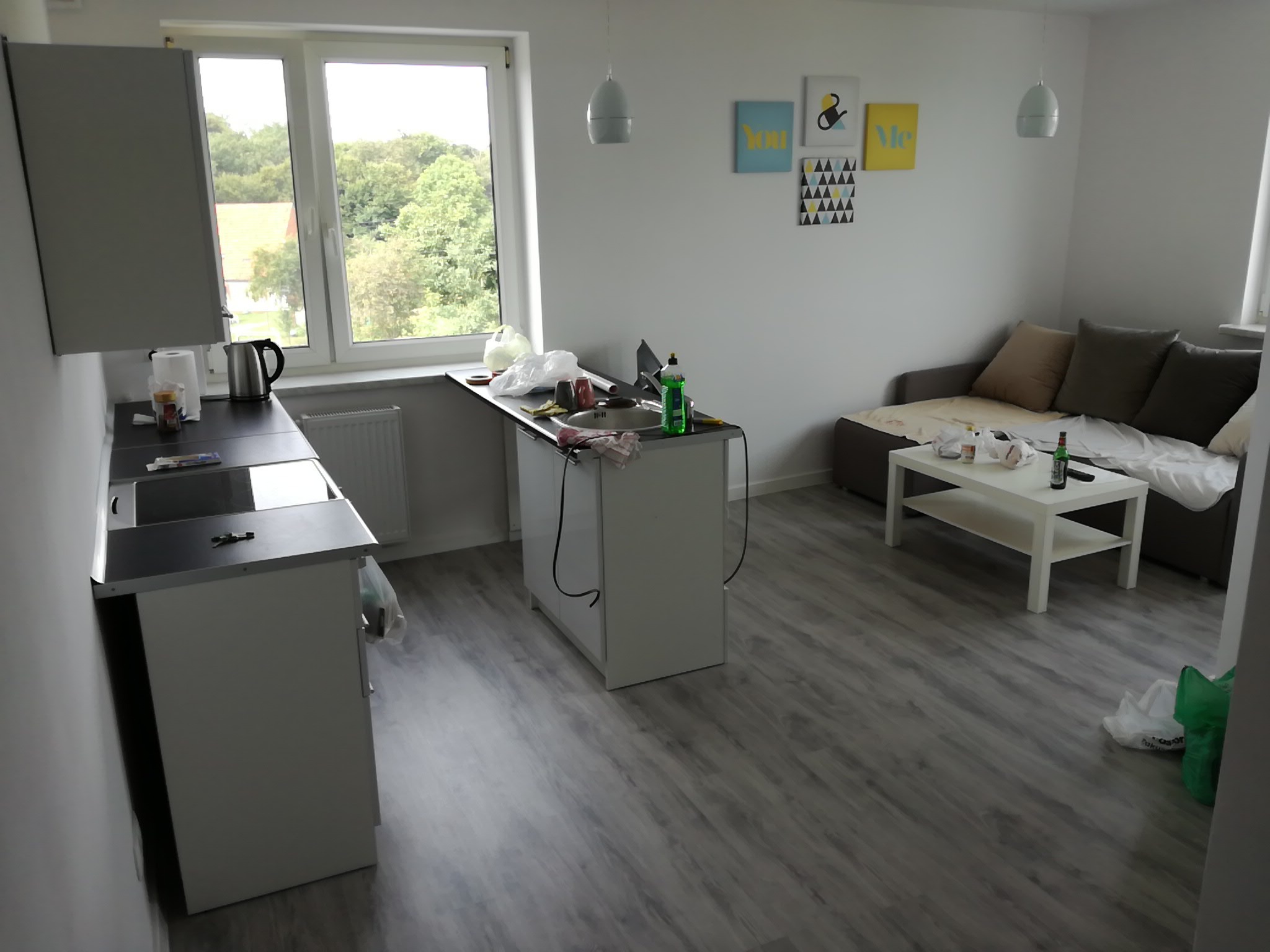 Wnętrze mieszkania po remoncie: szare panele podłogowe, białe ściany z dekoracjami, aneks kuchenny z widokiem na zieleń za oknem, sofa z poduszkami.