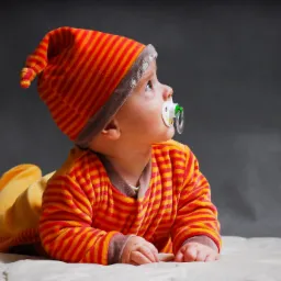Niemowlę w pomarańczowo-żółtym, pasiastym stroju i czapeczce z pomponem, leżące na brzuchu z smoczkiem w ustach, patrzy w górę w lewo.