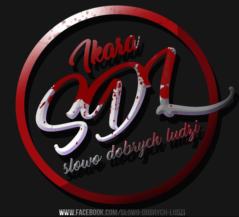 Grafika z napisem 'Ikara SDL słowo dobrych ludzi' w okręgu z efektem rozpryskującej się czerwonej farby, stylizowane na logo z adresem do profilu na Facebooku.
