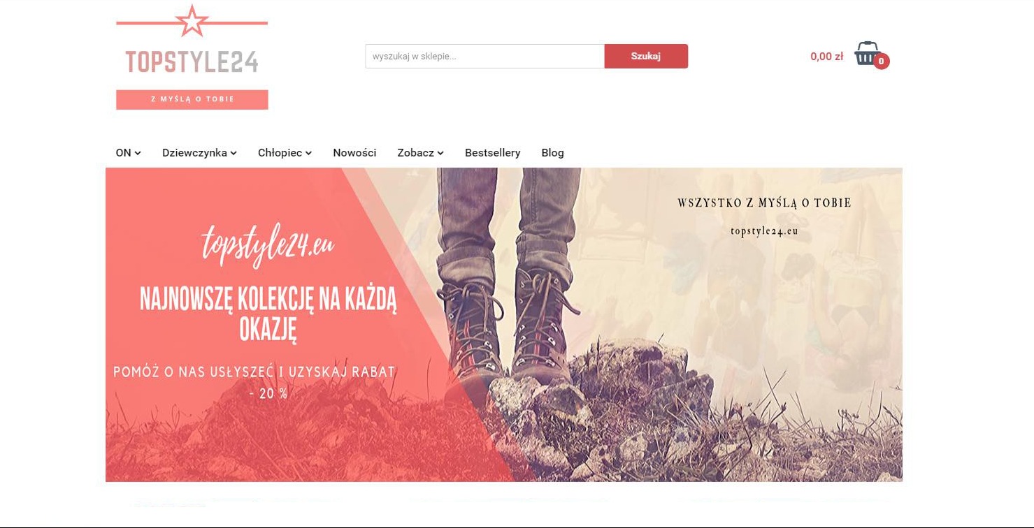 Strona internetowa sklepu odzieżowego Topstyle24.eu z prezentacją najnowszej kolekcji obuwia outdoorowego na tle górskim, z widocznym paskiem wyszukiwania i menu nawigacyjnym.