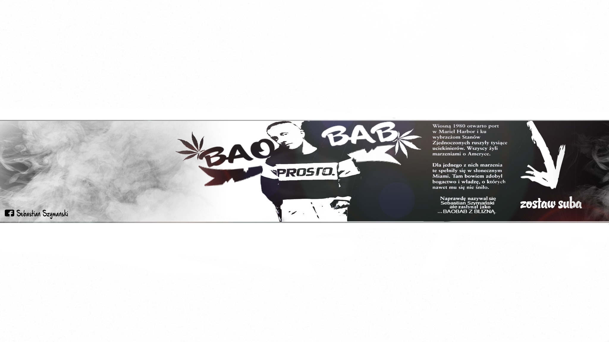 Czarno-biała grafika z tekstem BAO, BAB, PROSTO, sylwetką mężczyzny i tekstem o porcie Mariel Harbor, stylizowana na kolaż