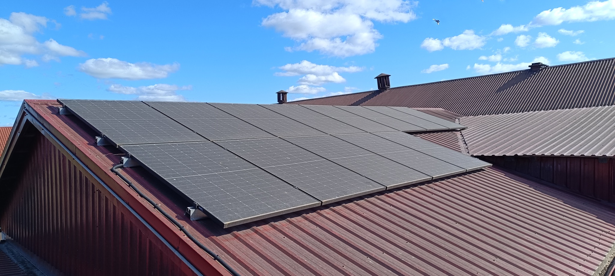 Panele słoneczne na czerwonym dachu z blachy falistej w Łomży, widok z dołu, błękitne niebo z chmurami w tle. Widoczne kominy wentylacyjne.