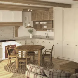 Wizualizacja kuchni w stylu rustykalnym z drewnianymi belkami stropowymi, okrągłym stołem na plecionym dywaniku i białymi szafkami z drewnianymi akcentami.