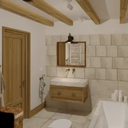 Wizualizacja łazienki w stylu rustykalnym z drewnianymi belkami stropowymi, umywalką nablatową na drewnianej szafce, lustrem w drewnianej ramie z oświetleniem oraz grzejnikiem drabinkowym widocznym...