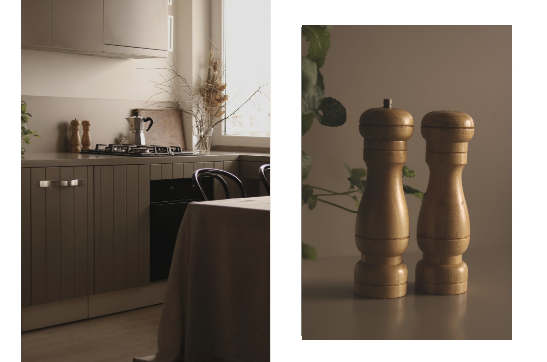 Kuchnia w stonowanych barwach z drewnianymi młynkami do przypraw, włoską kawiarką i suchymi gałązkami w szklanym wazonie na blacie.