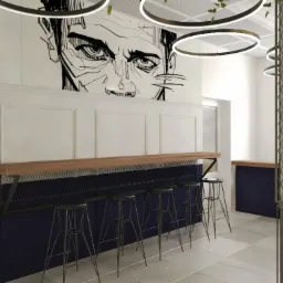 Wizualizacja baru z wysokimi stołkami, drewnianym blatem i metalową siatką pod spodem, na ścianie mural przedstawiający twarz, oświetlenie okrągłe LED.