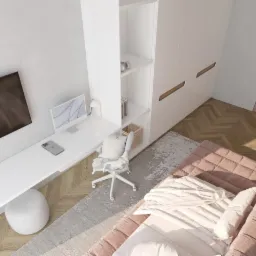 Wizualizacja pokoju z biurkiem pod telewizorem, białą szafą i łóżkiem w odcieniach różu, z drewnianą podłogą ułożoną w jodełkę.