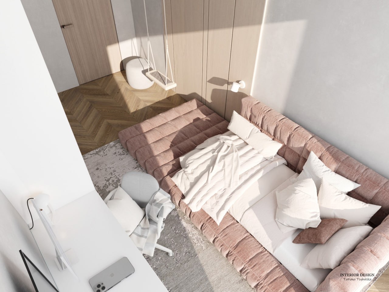 Wnętrze pokoju z łóżkiem z różowym obiciem, białymi poduszkami i kołdrą, obok biurko z telefonem, krzesło i huśtawka na tle drewnianej podłogi i szafy, widok z góry.