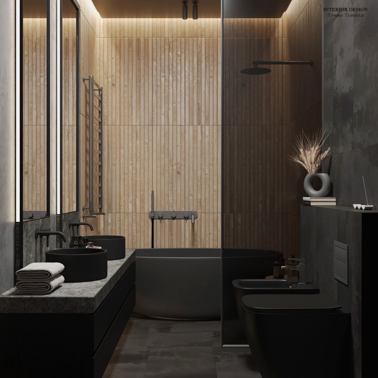 Nowoczesna łazienka w ciemnej kolorystyce z drewnianymi panelami, czarnymi umywalkami nablatowymi i minimalistyczną armaturą, oświetleniem LED w lustrach i dekoracyjnym wazonem z suszem na półce.