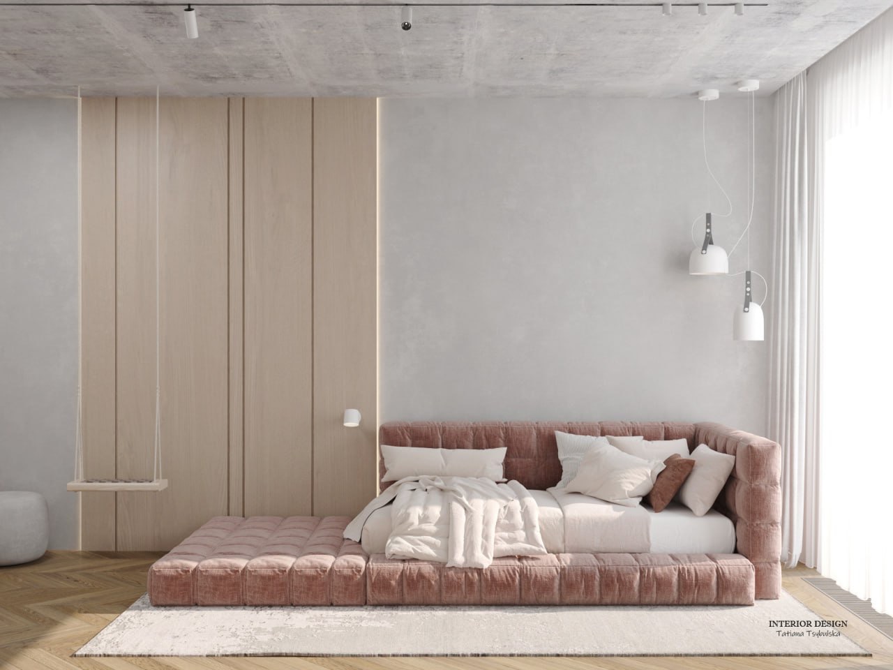 Minimalistyczna sypialnia z platformą łóżka w kolorze pudrowego różu, drewnianą ścianą z ukrytym oświetleniem LED i huśtawką dla dorosłych.