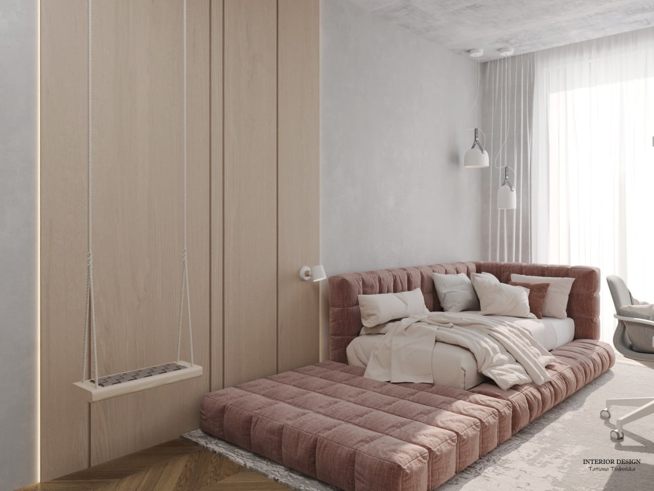 Minimalistyczna sypialnia z platformą zamiast łóżka w odcieniach różu i beżu, wisząca huśtawka z drewnianym siedziskiem, betonowy sufit i duże okno z białymi zasłonami.