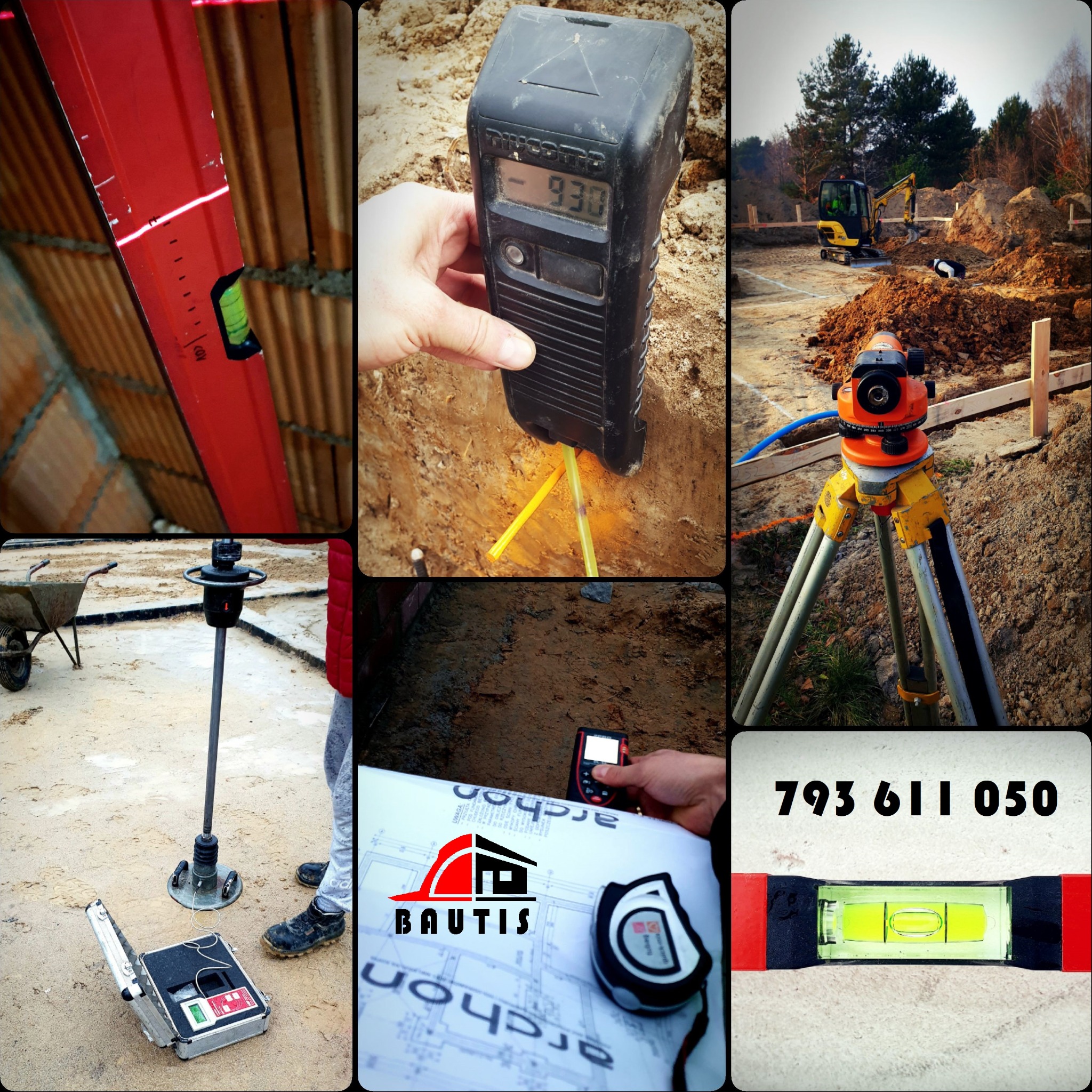 Kompozycja zdjęć z placu budowy: poziomica laserowa na murze z cegły, pomiar zagęszczenia gruntu, niwelator na statywie, zagęszczarka wibracyjna, plan budowy z logo firmy BAUTIS i numer telefonu...