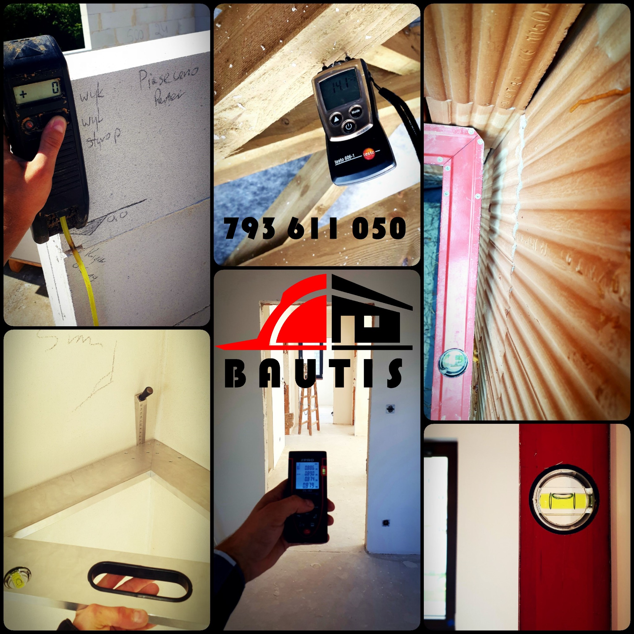 Kompozycja zdjęć z budowy: pomiary wilgotności bloczków i drewna, poziomowanie ścian, logo firmy BAUTIS, numer telefonu kontaktowego.